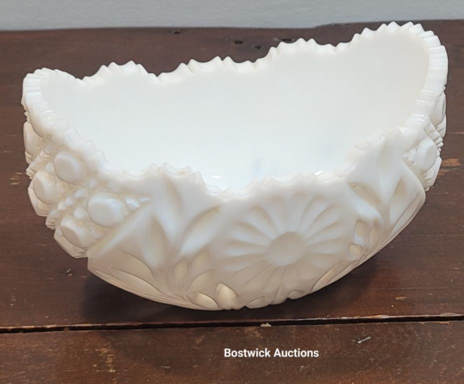 Milk Glass Embossed Cut Oval Serving Bowl