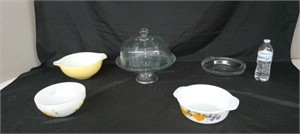 CAKE DISH,2-PYREX & 2-FIRE KING DISHES