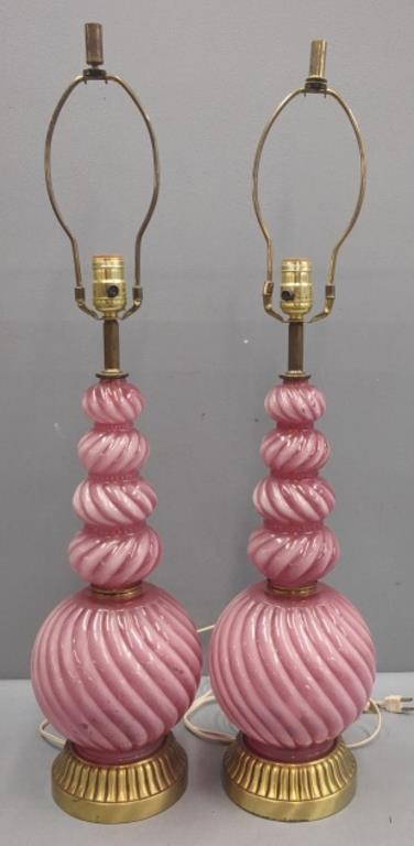 Pair Mid-Century Modern Pink Glass Lamps