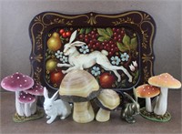 Vtg Bunny Tray w/ Bunny & Mushroom Decor