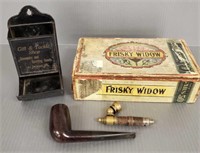 Frisky Widow cigar box with 2 pipes & match holder