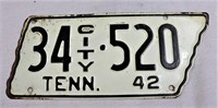 White 1942 city 34 TN license plate