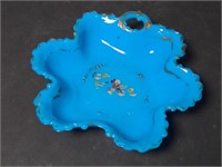 Victorian Blue Milk Glass Painted Flower Tray 8"