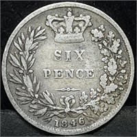 1846 Queen Victoria Six Pence Silver Coin