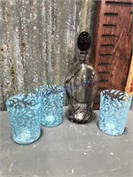 Wine bottle w/ stopper, 3 blue floral glasses