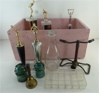 Wood Box with Vintage Sprinkler, Trophies