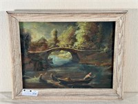 Oil on Canvas Canoes by Bridge signed Roland 1968