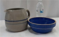 Stoneware pottery pitcher and bowl