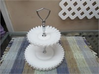 Ruffled White Glass Two Tier Candy Dish