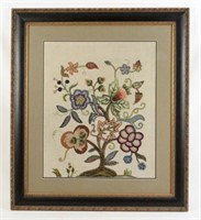 Crewel Needlework Still Life w/ Flowers C. 1900