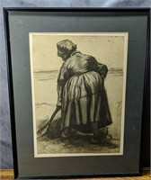 Print of Charcoal Drawing of Woman Farming