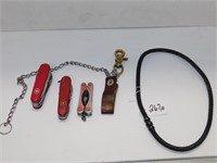 P795- Leather Necklace & 3 Folding Pocket Knives