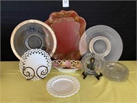 Metal Tray, Glass Silver Trimmed Plates ++