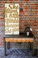 Wooden Outdoor Table, Sparkle Sign, Lantern