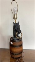 Hitching horse lamp on barrel, 31 in ht, western/