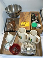 2 STAINLESS BOWLS, BELLEVILLE MUGS, BOX OF