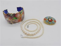 Pearl Necklace, Mosaic Brooch and Champleve Cuff.