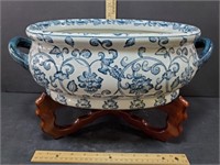 Vintage Blue And White Planter On Stand