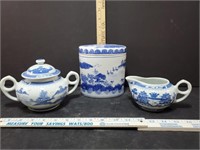 Blue And White Creamer And Sugar Bowl With Lid