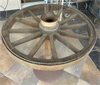 Wood Wagon Wheel / Glass Top Bar Table