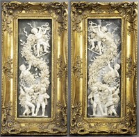 Gilt Framed Jasperware Putti Figural Plaques, Pair