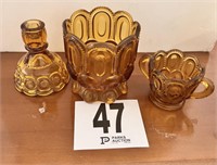 Amber Fostoria Candlestick, Spooner & Sugar