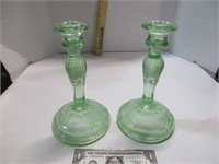 2 - green glass depression candleholders