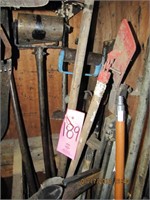 1 lot: hoes, picks, hand roller, & other misc