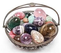 Semi-Precious Gemstone Eggs in Silver-Plate Basket