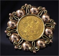 Franz Joseph gold coin set 14ct gold brooch