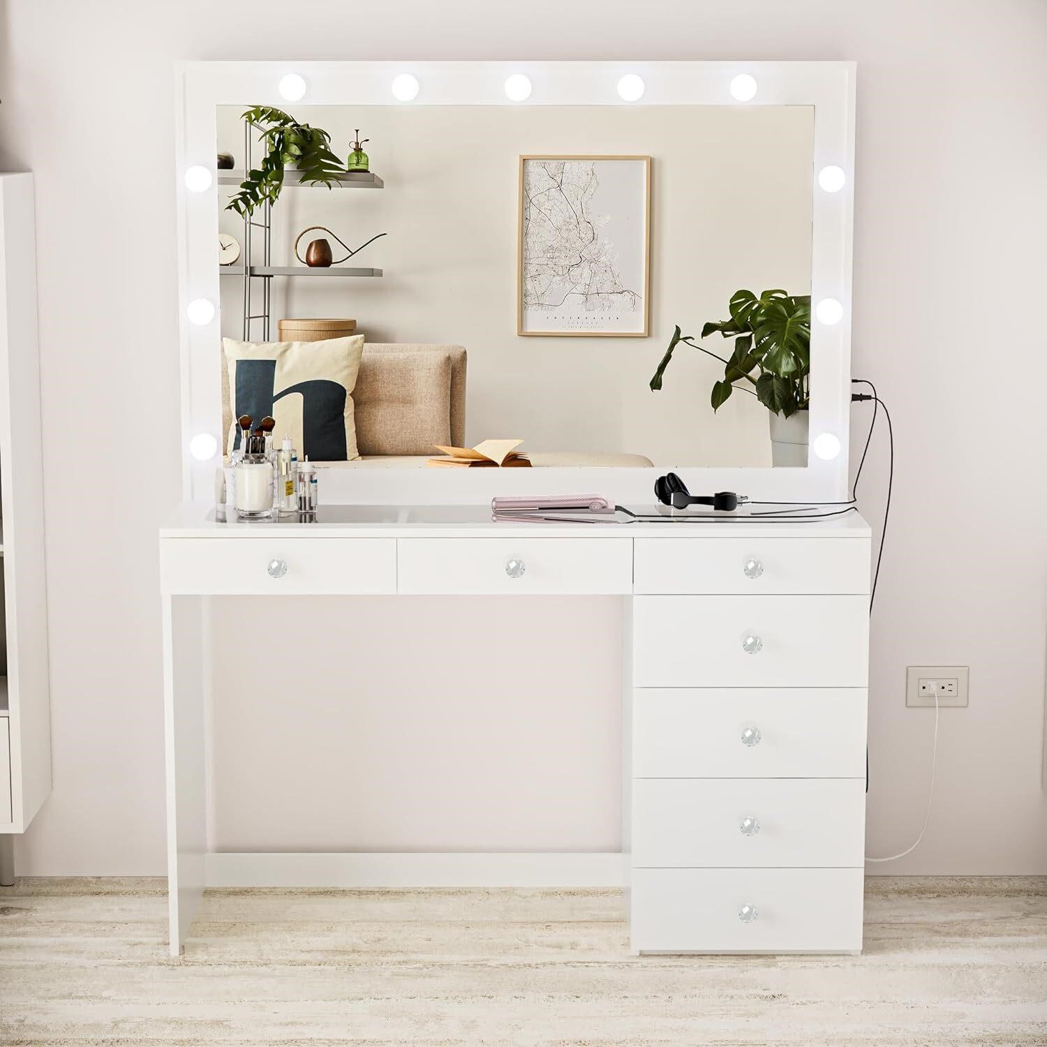 Boahaus Vanity with Lights  7 Drawers - White