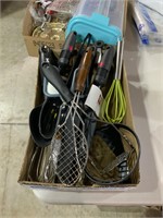 box lot kitchen utensils, whisk, strainers