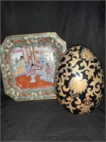 PORCELAIN ASIAN PLATE & DECORATIVE EGG -