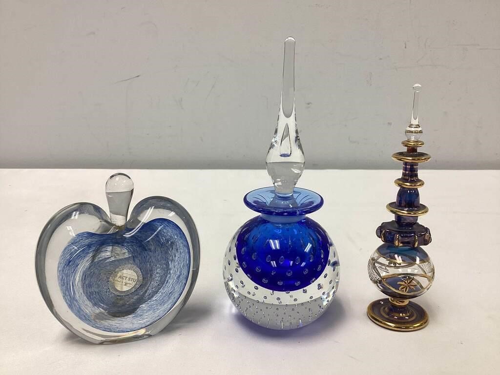 Three Handblown Glass Perfume Bottles