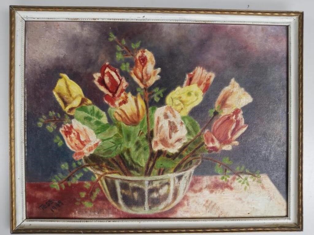 1940s Floral Still Life-Oil on Canvas Panel-Signed