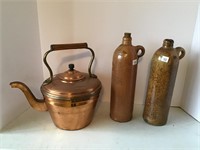 Copper teapot and 2 stoneware bottles
