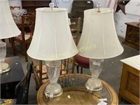 THREE POLISHED BRASS FINISH W/ PRESSED GLASS LAMPS