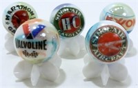 5 Gas & Oil Advertising Glass Marbles w/ Stands -