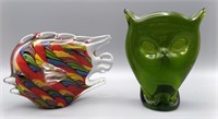 Murano Style Fish & Green Owl Art Glass