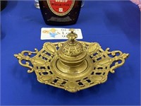SOLID BRASS VICTORIAN ERA INKWELL WITH GLASS LINER