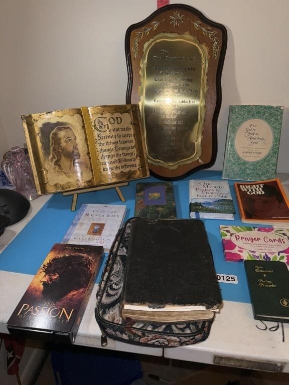 Religious decor and books  and Amplified Bible