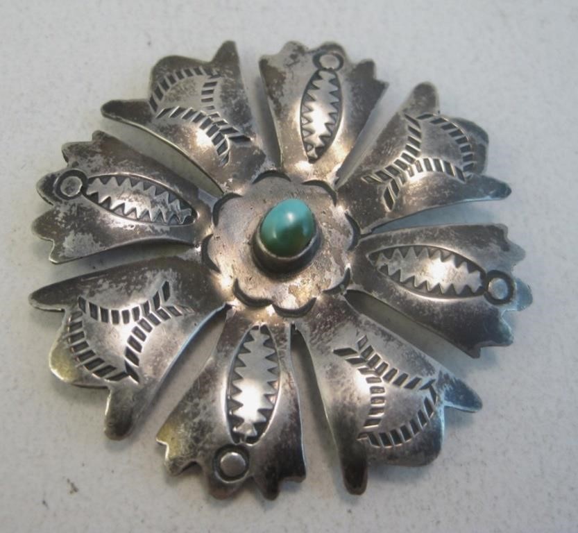 Hopi SS Turquoise Flower Pin - Tested