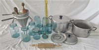 Blue Mason Ball Jars, Pots, Cone Strainers