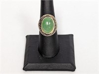 .925 Sterling Oval Jade Cabochon Ring Sz 7.5
