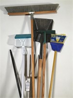 2 brooms; sponge mop; shovel; fork; hoe; handle