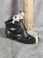 CERAMIC CAT & DOG ON A BOOT ASHTRAY