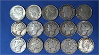 10 Mercury Dimes, 5 Roosevelt Dimes-90% Silver