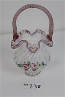 Fenton glass basket  Flower print, clear and pink