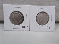 1916 & 1916D Barber Silver Quarters