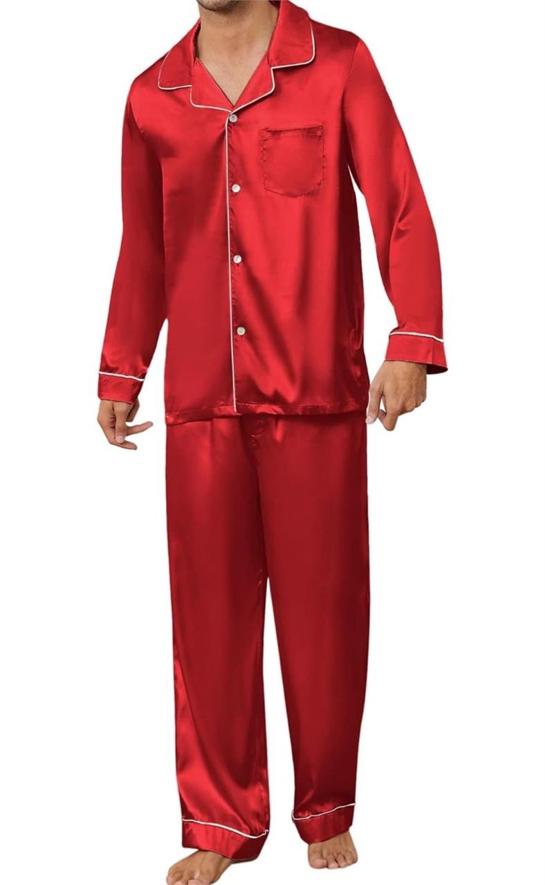 ($44) Mens Silk Pajamas Set, Long Sleeve Satin,M